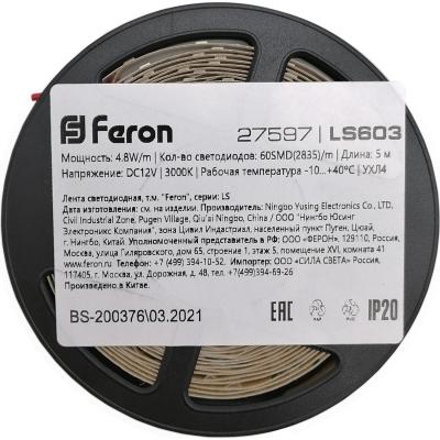 LED лента, 60SMD(2835)/m 4.8W/m 12V, IP20 5m, 3000K, LS603 /27597/