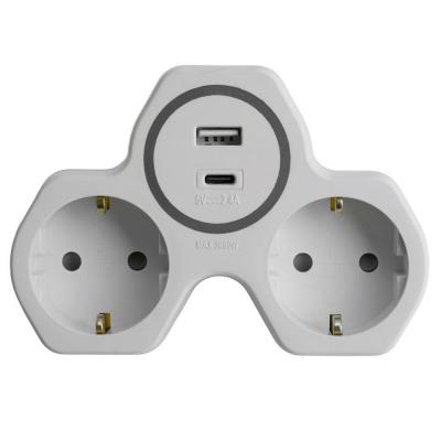 Разветвитель сетевой 2-местный, с/з, 16А, 250B, USB+Type C, белый/серый (ADP16-15-20) /50071/