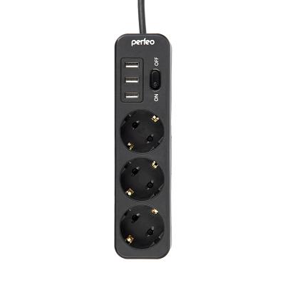 Сетевой фильтр Perfeo POWER STREAM 10A, 3USB, 2200Вт, 3 розетки, 2,0м, черный, PF_C3907