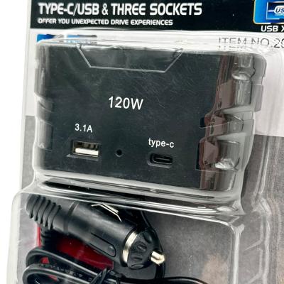 Разветвитель прикуривателя, 3 гнезда+1xUSB+1xUSB-C, OLESSON 2013 (1656)