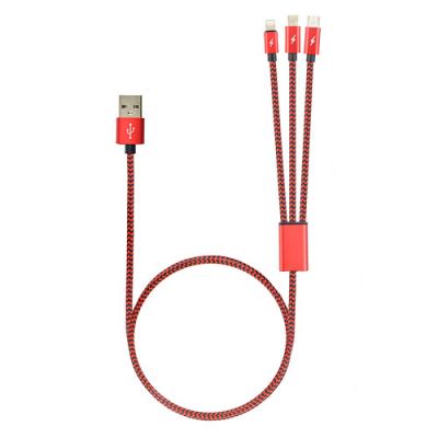 Кабель 3 в 1 USB -  Lightning 8pin+micro USB+Type C, 1,0м, Robiton P12 Multicord, красный
