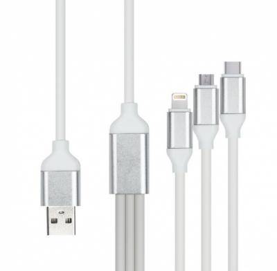 Кабель 3 в 1 USB -  Lightning 8pin+micro USB+Type C, 1,2м, Smartbuy, белый (iK-312QBOMB white)