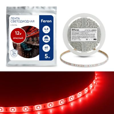 LED лента, 60SMD(2835)/m 4.8W/m 12V, IP65 5m, RED, LS604 /27676/