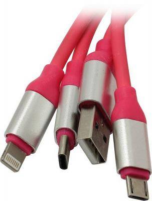 Кабель 3 в 1 USB -  Lightning 8pin+micro USB+Type C, 1,2м, Smartbuy, розовый (iK-312QBOMB rose)