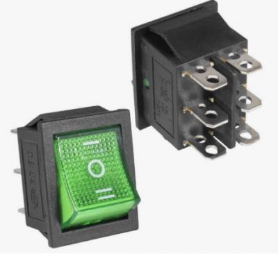 Переключатель перекидной, черно-зеленый, 6 конт, KCD4-203N, ON-OFF-ON, 250V, 15A