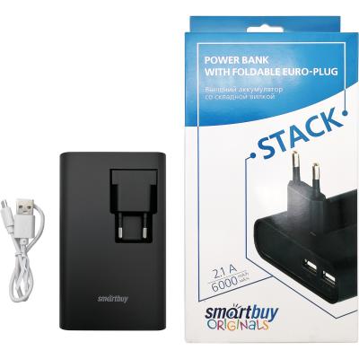 Портативный аккумулятор 6000 мАч, SmartBuy STACK, 2,1A, со складной вилкой, черный (SBPB-400)***