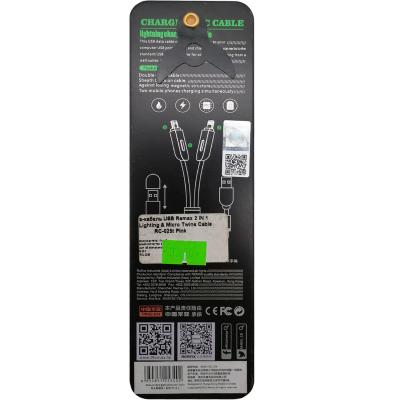 Кабель 2 в 1 USB - Lightning 8pin+micro USB, 1,0м, Remax Twins Cable RC-025t, розовый