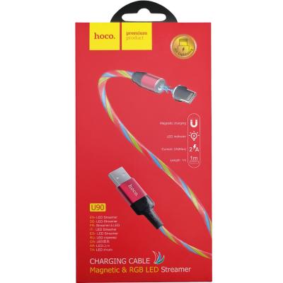 Кабель USB - Lightning 8pin, 1,0м, HOCO U90 Ingenious streamer, LED, магнит, красный