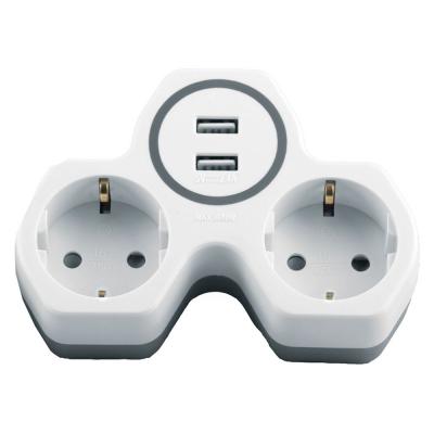 Разветвитель сетевой 2-местный, с/з, 16А, 250B, 2USB, белый/серый (ADP16-14-20) /32872/