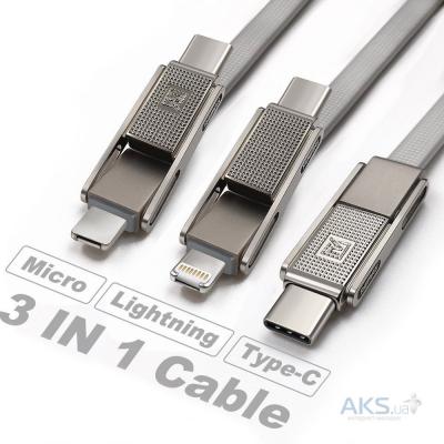 Кабель 3 в 1 USB -  Lightning 8pin+micro USB+Type C, 1,0м, Remax Gplex, серебро