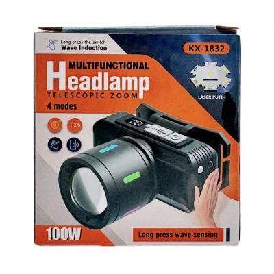 Фонарь налобный KX-1832, Laser LED, ZOOM, встр. акб, Type-C