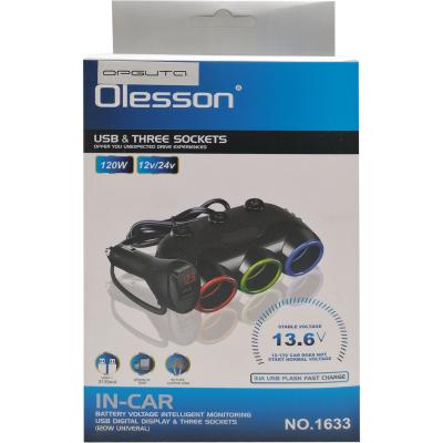 Разветвитель прикуривателя, 3 гнезда+1USB 3,1А, OLESSON 1633, вольтметр