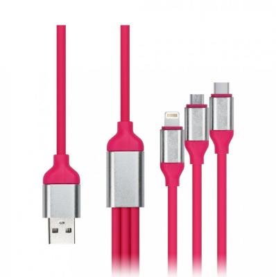 Кабель 3 в 1 USB -  Lightning 8pin+micro USB+Type C, 1,2м, SmartBuy, IK-312QBOMB nrose, розовый