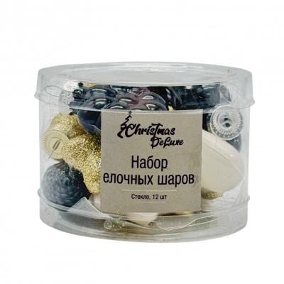 Игрушка ёлочная, НАБОР, 12шт шишка/звезда/сердце/цветок, 4см, черный/золото/молочный /88393/