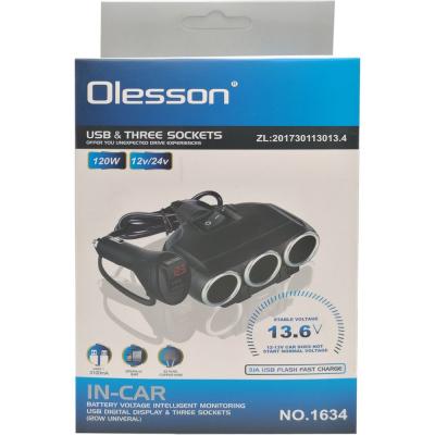 Разветвитель прикуривателя, 3 гнезда+1USB 3,1А, OLESSON 1634, вольтметр, с выкл