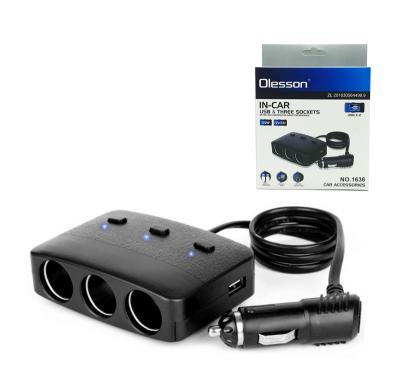 Разветвитель прикуривателя, 3 гнезда+2USB 3,1А, OLESSON 1636