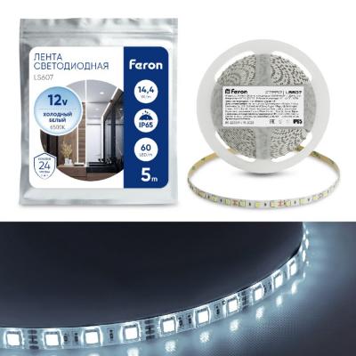LED лента, 60SMD(5050)/m 14.4W/m 12V, IP65 5m, 6500K, LS607 /27652/