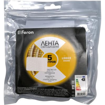 LED лента, 60SMD(2835)/m 4.8W/m 12V, IP20 5m, 3000K, LS603 /27597/
