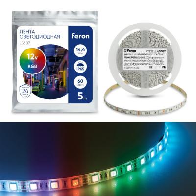 LED лента, 60SMD(5050)/m 14.4W/m 12V, IP65 5m, RGB, LS607 /27651/***