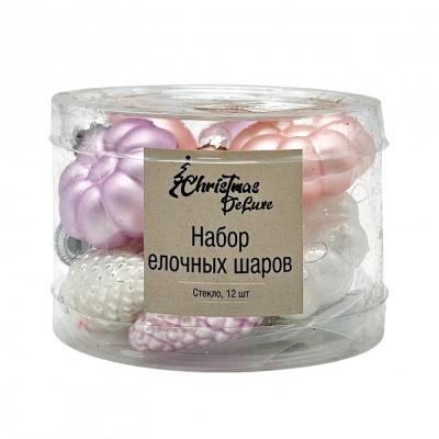 Игрушка ёлочная, НАБОР, 12шт шишка/звезда/сердце/цветок, 4см, белый/розовый/лавандовый /89888/