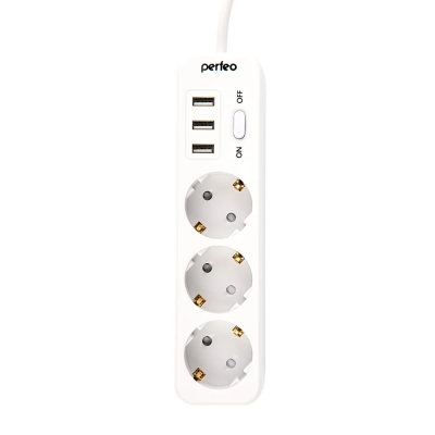 Сетевой фильтр Perfeo POWER STREAM 10A, 3USB, 2200Вт, 3 розетки, 4,0м, белый, PF_C3908