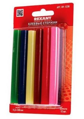 Клей термоплавкий в стержнях 11мм, 100мм, цветной, 12ш/уп, Rexant (09-1230)