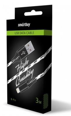 Кабель USB - Lightning 8pin, 3,0м, Smartbuy, нейлон, защ. от перелам., до 2А, белый (iK-530cm-2)***