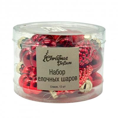 Игрушка ёлочная, НАБОР, 12шт шишка/звезда/сердце/цветок, 4см, красный /88394/