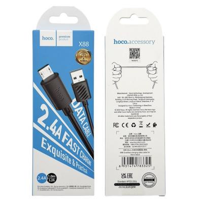 Кабель USB - micro USB, 1,0м, HOCO X88 Gratified, ПВХ, 2.4А, черный