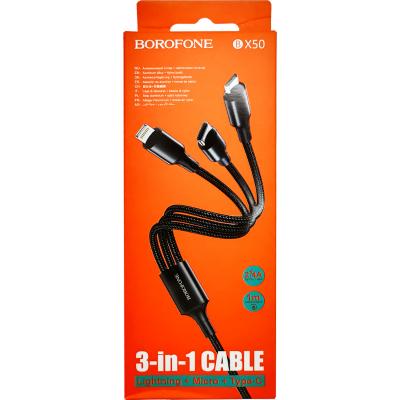 Кабель 3 в 1 USB -  Lightning 8pin+micro USB+Type C, 1,0м, BOROFONE BX50, черный