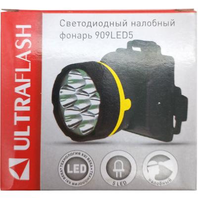 Фонарь налобный Ultraflash "Т" 909LED5 (пласт,5LED,3хR6) черн/желт.полоса