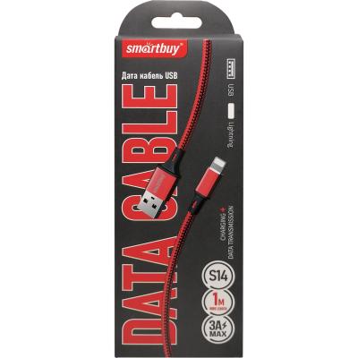Кабель USB - Lightning 8pin, 1,0м, SmartBuy S14, 3A, нейлон, красный/черный (iK-512-S14rb)