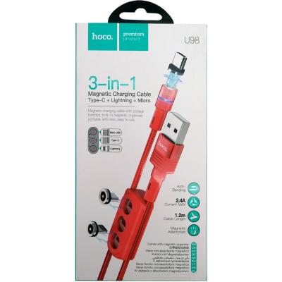 Кабель 3 в 1 USB -  Lightning 8pin+micro USB+Type C, 1,2м, HOCO U98 Sunway, красный