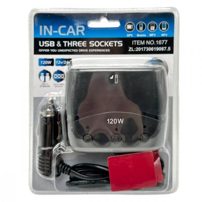 Разветвитель прикуривателя, 3 гнезда+2USB 1,2А, OLESSON 1677