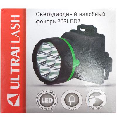 Фонарь налобный Ultraflash "Т" 909LED7 (пласт,7LED,3хR6) черн/зел.полоса