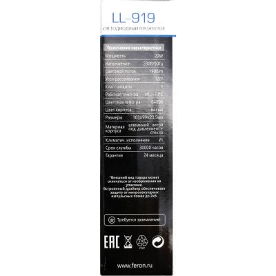 LED прожектор 20W, 6400K, IP65, 220V, белый, LL-919 /29494/