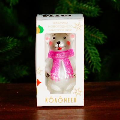 Игрушка ёлочная, 1шт. 9см. Мишутка в шарфе, розовый /ФУ-739/1/1