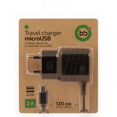 СЗУ BB 013-001 microUSB 2А 1.2 м +2 доп.выхода USB, черный