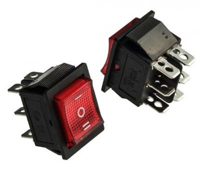 Переключатель перекидной, черно-красный, 6 конт, KCD4-203N, ON-OFF-ON, 250V, 30A
