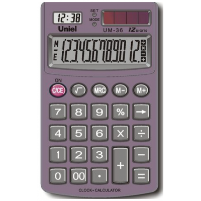Калькулятор Uniel UM-36, 12-разр, встр. часы, серебристый